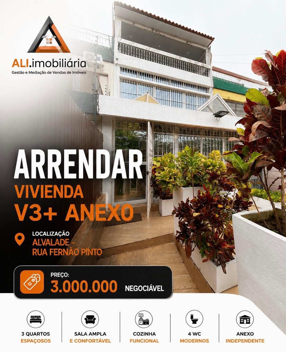 ARRENDAR | VIVENDA V3+ANEXO NO ALVALADE em Luanda - T3